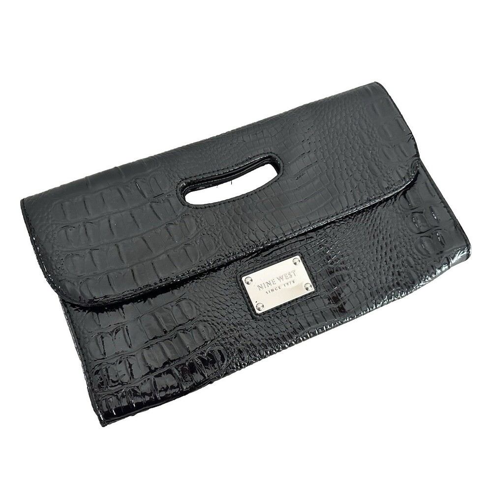 Nine West Envelope Style Clutch Y2K Black Croc Texture Bag Card Pockets 12"x7"